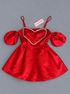 NWT Collective The Label Red Satin Rhinestone Heart Mini Dress Size 10